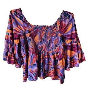 Terra & Sky Jewel Tone Boho Bell Sleeve Top Size 3X Artsy Peasant Babydoll